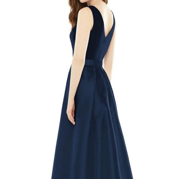 Alfred Sung D723S Midnight Blue Satin V-Neck High/Low Gown - Picture 3 of 4